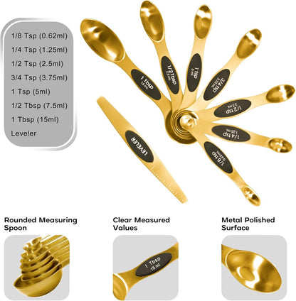 Magnetic Measuring Cups and Spoons Set, Including 7 Stainless Steel Nesting Gold Measuring Cups & 8 Magnetic Gold Measuring Spoons with 1 Leveler for Cooking & Baking4