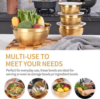 Gold Mixing Bowls with Airtight Lids, Stainless Steel Nesting Mixing Bowls Set of 7, Ideal for Baking, Prepping and Serving Food, Size 7, 3.6, 2.7, 2.1, 1.5, 1.1,0.8 QT, Stackable Design3