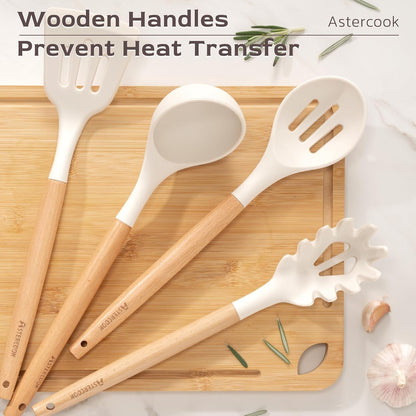 Kitchen Utensils Set, 39 PCS Silicone Cooking Utensils Set with Wooden Handle, 446°F Heat Resistant Food Grade Utensil Sets, BPA Free Kitchen Gadgets Tools Set for Nonstick Cookware (Cream)5
