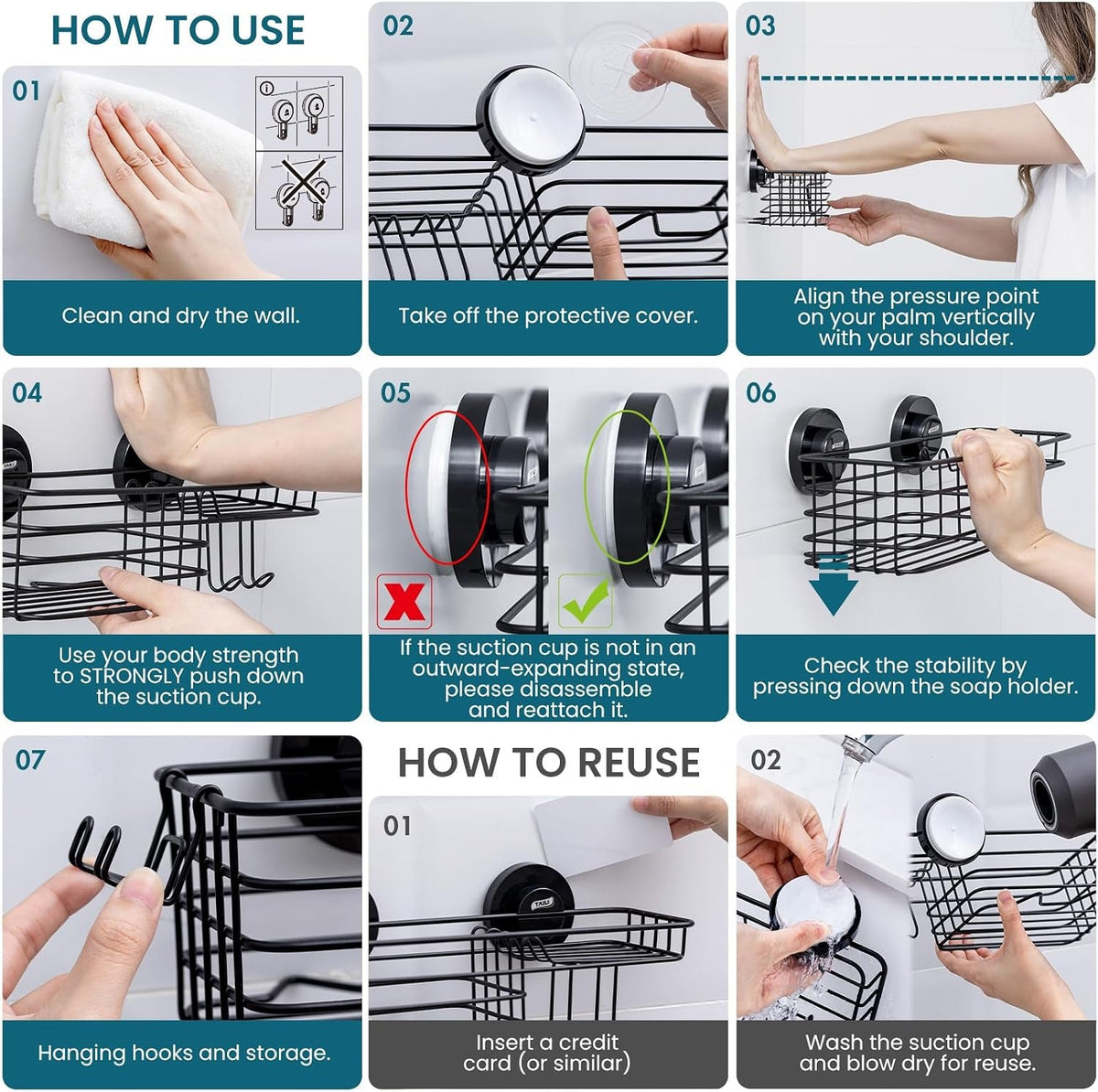 shower-caddy-suction-cup-2-pack-with-hooks-soap-holder-black