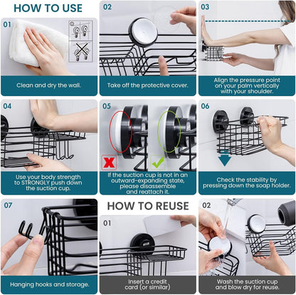 Shower Caddy Suction Cup 2 Pack with Hooks & Soap Holder, Black2