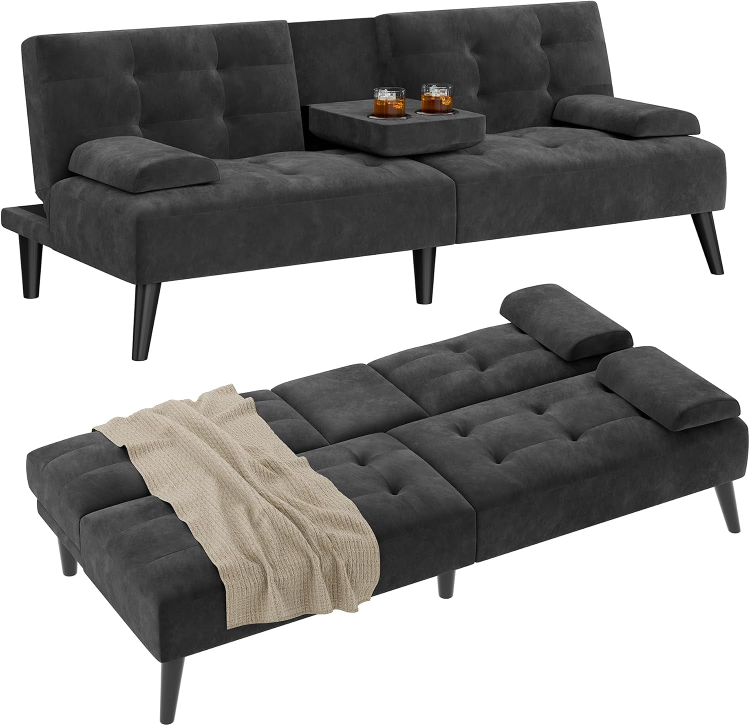 64-futon-sofa-bed-velvet-foldable-couch-upholstered-loveseat-sofa-couch-with-folding-cup-holders-reclining-sleeper-with-removable-armrests-for-home-office-black