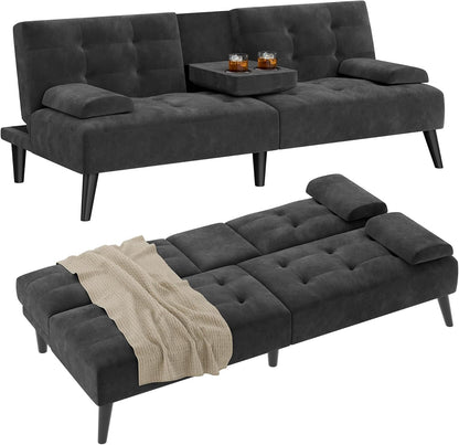 64" Futon Sofa Bed, Velvet Foldable Couch, Upholstered Loveseat Sofa Couch with Folding Cup Holders, Reclining Sleeper with Removable Armrests for Home, Office, Black7