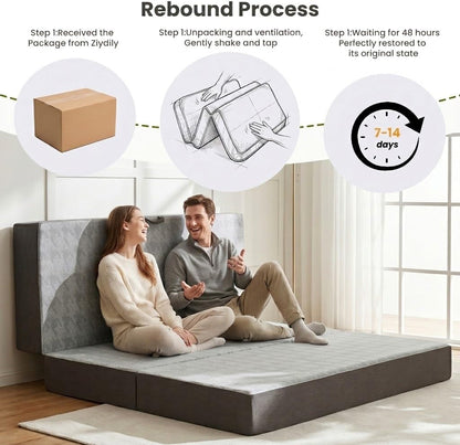 6" Trifold Mattress Full Size, Thick Memory Foam Futon Topper with Portable Handles & Removable Washable Cover, Floor Sofa Bed with Non-Slip Bottom for Camping Pad, Guest Bed, Yoga, Rv (Grey)8