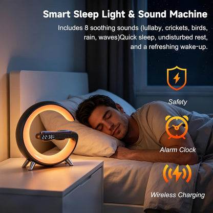 4 in 1 Smart LED Table Lamp, Alarm Clock, Bluetooth Speaker, Wireless Charger, App Control Night Light Bedside Lamp with Fast Charging Station for Bedroom, Home Decor, Family, Teen Girls Boys Gifts5