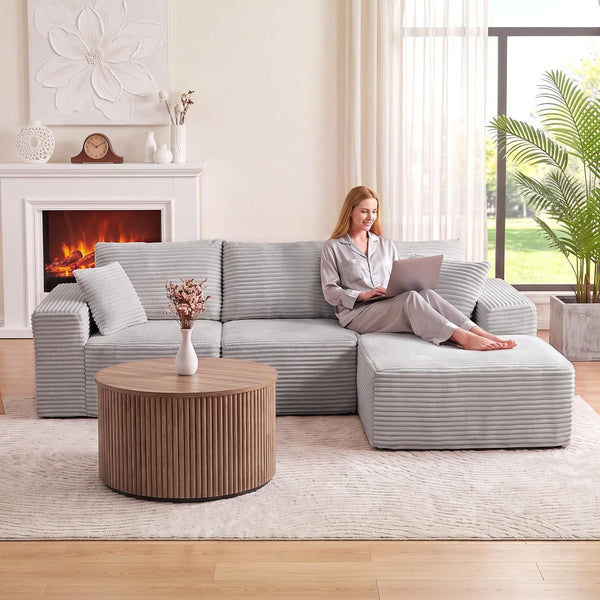 110" Boneless Cloud Sectional Couch for Living Room, L Shaped 3 Seater Modular Corduroy Sofa with Chaise, Deep Seated Oversized Boneless Couches, Compressed Sofa in a Box, No Assembly, Grey6