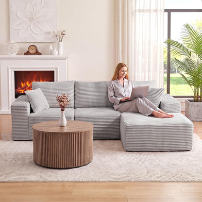 110" Boneless Cloud Sectional Couch for Living Room, L Shaped 3 Seater Modular Corduroy Sofa with Chaise, Deep Seated Oversized Boneless Couches, Compressed Sofa in a Box, No Assembly, Grey6