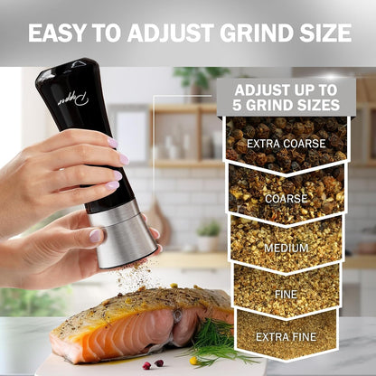 Stainless Steel Salt and Pepper Grinder Set of 2 - Adjustable Ceramic Sea Salt Grinder & Pepper Grinder - Glass Salt and Pepper Shakers - Pepper Mill & Salt Mill W/Funnel - Black and White3