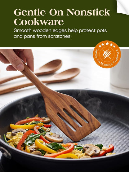 Nonstick Wooden Utensil Set for Cooking, Handmade Smooth Finish Teak Wood Spoons Spatula Turner for Cooking and Kitchen Gifts (7Pcs)5