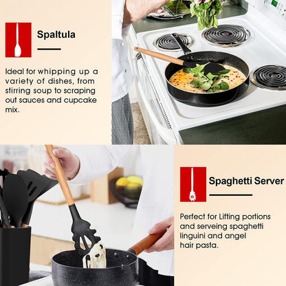Cooking Utensils Set of 6, Silicone Kitchen Utensils with Wooden Handle, Non-Stick Cookware Friendly & Heat Resistant, Includes Spatula/Ladle/Slotted Turner/Serving Spoon/Spaghetti Server(Black)6
