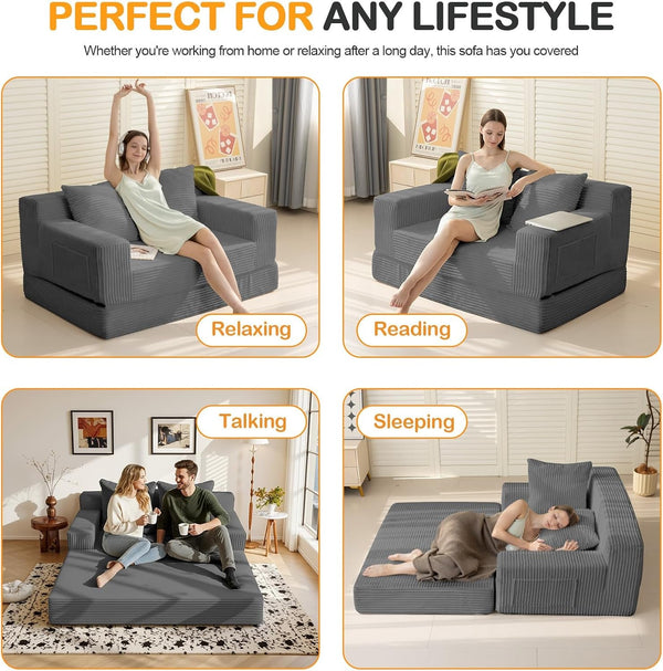 Convertible Sofa Bed, Loveseat Folding Floor Futon Sleeper Sofa Couch Bed- Boneless Foldable Couch, Corduroy Pull Out Sofa Bed with 2 Pillows for Living Room & Bedroom5