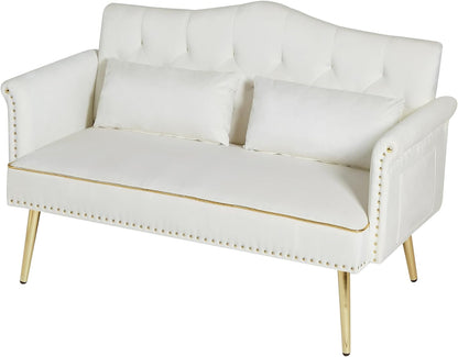 55-Inch Modern Velvet Loveseat Sofa with Gold Metal Legs & Side Pockets, Tufted Backrest, Perfect for Living Room, Bedroom, or Office (Modern Beige)7