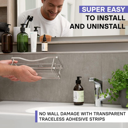 Premium Shower Caddy - Self Adhesive Shower Organizer with 4 Hooks, Rustproof Stainless Steel Shower Rack for Bathroom, Silver3