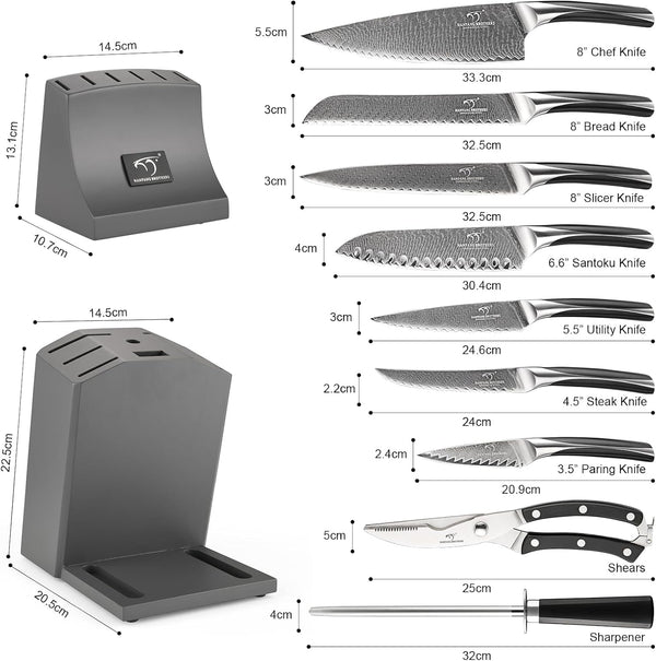 15-Piece Damascus Knife Set with Block, VG10 Steel Core | 67-Layer Damascus, Hrc60±2 Razor-Sharp, Abs Ergonomic Handle, Detachable Easy-Clean Block, for Daily Meal Prep & Home Cooking2