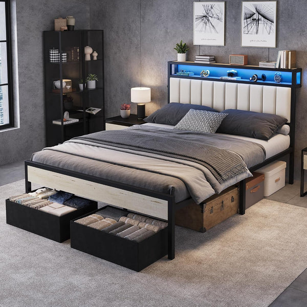 Queen Bed Frame with LED Lights & 2-Tier Storage Headboard7