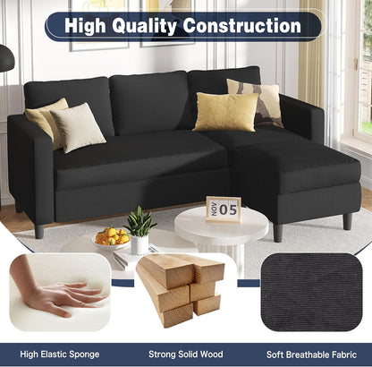 L Shaped Sectional Sofa Couch,Convertible Modular Sofas with Movable Ottoman,3-Seat Upholstered Corduroy Couch,Small Couches for Living Room,Apartment,Office(Black)5