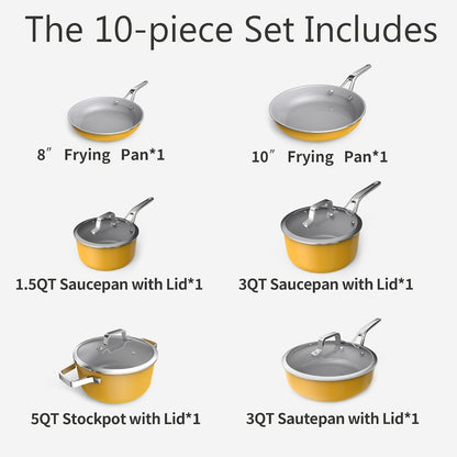 Yellow 10 Piece Ceramic Cookware Set | Pots Pans for Family Meals | Include Saucepan, Saute Pan, Stockpot, Frying Pans, Oven Safe to 480°F, Dishwasher Safe, Non-Toxic PFAS Free, Induction Bases5