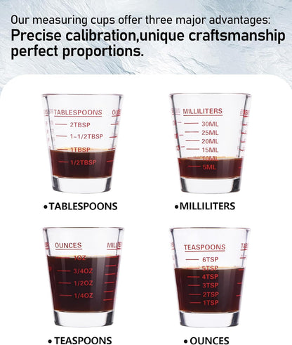 Shot Glass Measuring Cup Set, 2 Pack Espresso Shot Glasses (Red) | Glass Measuring Cups Feature 26 Markings up to 1 OZ, 2 TBS, 6 TSP, 30 ML for Espresso, Liquor, Medicine and Recipes3