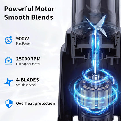 Smoothie Blender, Personal Blender with 2 To-Go Cups & Lids, Black | 25,000 RPM Powerful Motor, Blender and Grinder Combo, One-Button Pulse, BPA Free, Compact Size, for Kitchen, Frozen Drinks2
