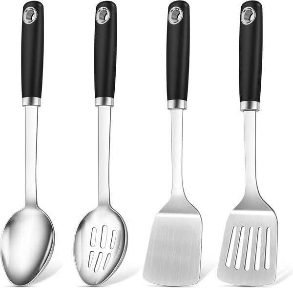 4 Pcs Cooking Utensils Set, Stainless Steel Kitchen Utensils, Heat Resistant Metal Kitchen Tools Include Solid & Slotted Turner Wok Spatula, Serving Spoon, Ergonomic Handle, Easy to Clean, Silver1