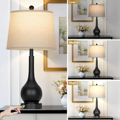 26" Black Table Lamps Set of 2, Touch Control Lamps for Living Room, 3-Way Dimmable Bedroom Bedside Lamps for Nightstands with USB A+C Port (2 LED Bulbs Included)3