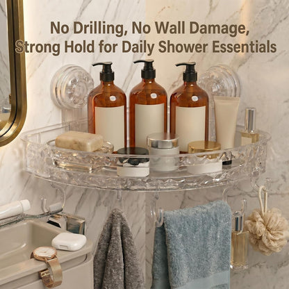 Corner Shower Caddy with Suction Cups, No Drill Corner Shower Shelf Organizer with Hooks, Clear Shower Storage Rack for Tile, Glass & Smooth Surfaces, White/Clear4