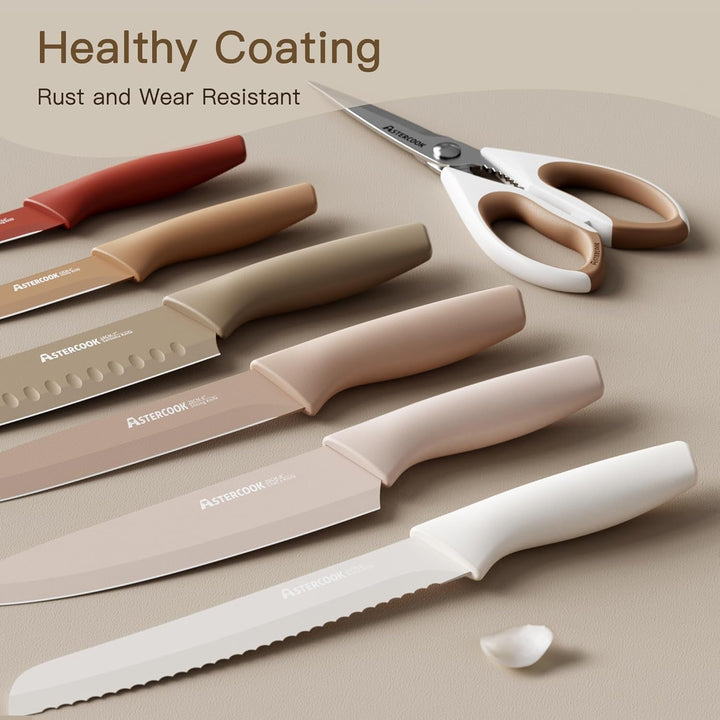 Knife Set, 13 Pieces Kitchen Knives Set with Healthy Anti-Rust Coating, Dishwasher Safe, Stainless Steel Chef Knife Sets with 6 Blade Guards, Fathers Day Gift for Men+2