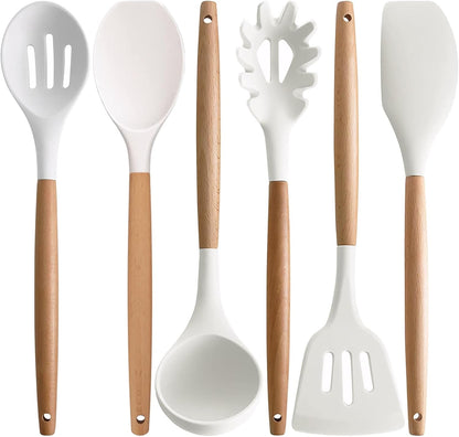 Kitchen Cooking Utensils Set 6Pcs Non-Stick Silicone Kitchen Utensils Spatula Spoon Turner Ladle Pasta Server, Heat Resistant Wooden Handle Silicone Cooking Gadgets Sets for Cookware & Baking1