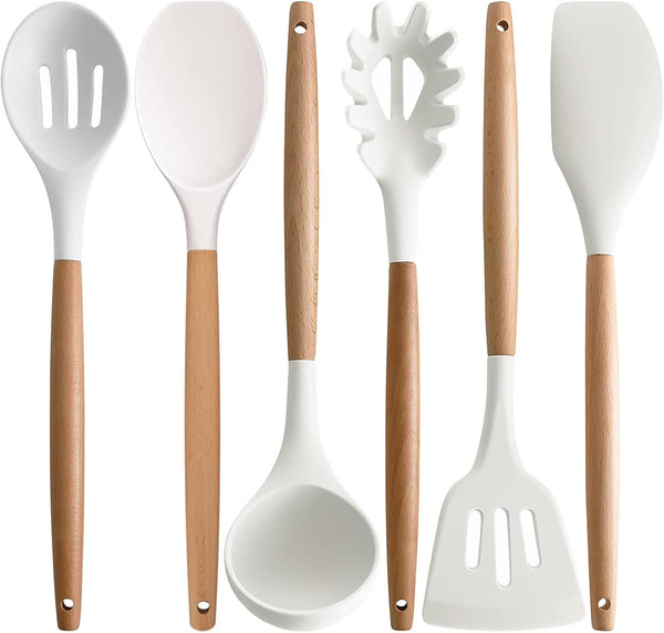 Kitchen Cooking Utensils Set 6Pcs Non-Stick Silicone Kitchen Utensils Spatula Spoon Turner Ladle Pasta Server, Heat Resistant Wooden Handle Silicone Cooking Gadgets Sets for Cookware & Baking1