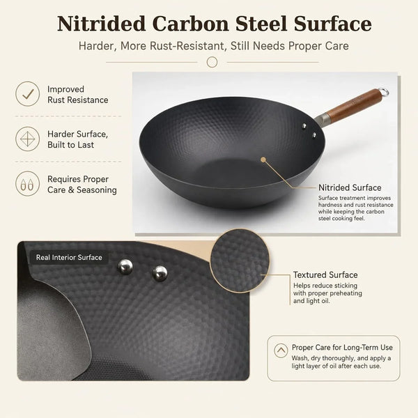 Lightweight Carbon Steel Wok Pan with Lid, 12.6" Flat Bottom Stir Fry Wok for Induction, Electric & Gas Stoves, 2.9 Lb Wok Body, Pre-Seasoned Nitrided Wok, No Chemical Coating4
