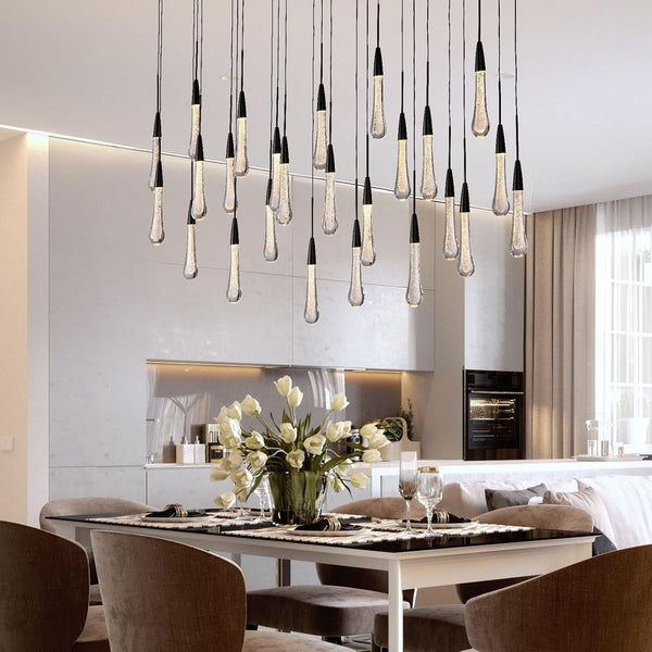 Black Rectangle Raindrop Chandelier with Glass，25-Lights Luxury Farmhouse Large Linear Chandeliers for Dining Room over Table, Brass Pendant Ceiling Light Fixture for Kitchen Island3