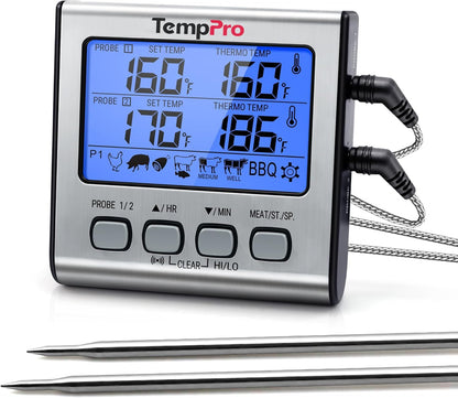 Temptrack Digital Cooking Meat Thermometer with Dual Meat Probe | Large LCD Backlight, High/Low Temperature Alarm, Kitchen Food Thermometer with Timer Mode for Smoker Grill Oven BBQ, Silver1