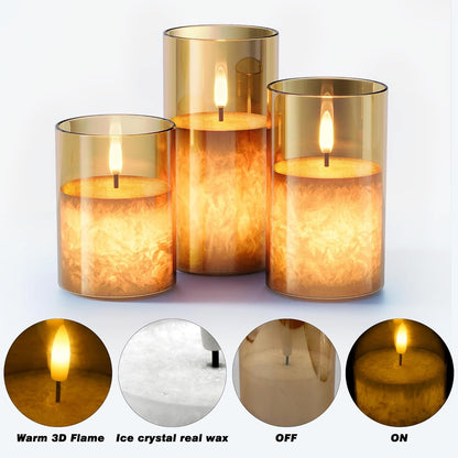 Battery Operated Flameless Candles with Remote & Timer, Gold Glass 3Pack6