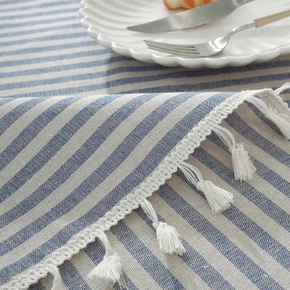 Table Cloth Blue White Striped Tablecloth Tassels Cotton Blend Dust-Proof Table Cover for Dining Coffee Buffet Kitchen Picnic Tables, Parties Indoor Outdoor Square Tablecloths (36X36 Inch)5