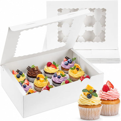 12 Count Cupcake Boxes, 4PCS Cupcake Container with Window and Inserts | Cupcake Holder, Boxes Holding 48 Pastry Box for Birthday Holiday Party, Bakery Supplies for Cupcakes, Desserts (White)1