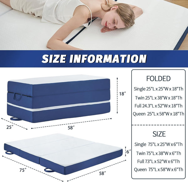 Foldable Mattress Queen Size, 6" Trifold Mattress Futon Murphy Bed,White2