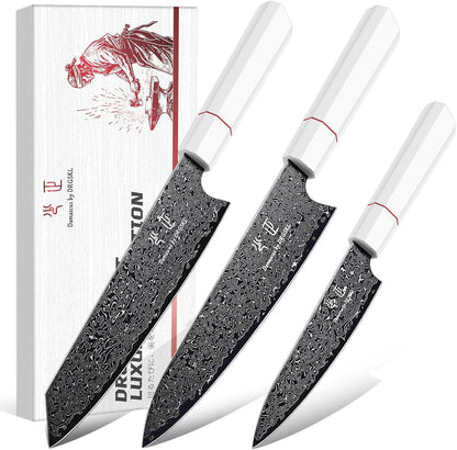 Japanese Knife Set Damascus - VG10 Kitchen Knife Set 3 PCS | Japanese VG10 Core, Black Anti-Corrosion Coating, Damascus Blade, G10 Handle, Gift Box, Wet Edge Grinding Technology1