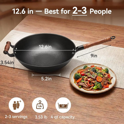 12.6 Inch Cast Iron Wok Pan with Wood Lid, Uncoated Flat Bottom Chinese Stir Fry Pan, Heavy Duty Wok for Induction, Gas and Electric Stoves2