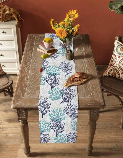 Tropical Coral Cotton Linen Rectangle Table Runners, Summer Coastal Kitchen Table Cloth Scarves, Beach Seaside Nautical Luxury Coffee Table Runner (Teal Blue Grey Coral,13X120 Inch)5
