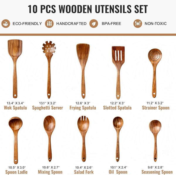 10 Pcs Wooden Spoons for Cooking, Natural Teak Wooden Kitchen Utensils Set, Durable Cooking Utensils Set with Comfort Grip for Cookware, Smooth Finish&Nonstick& Heat Resistant Wooden Spatula2