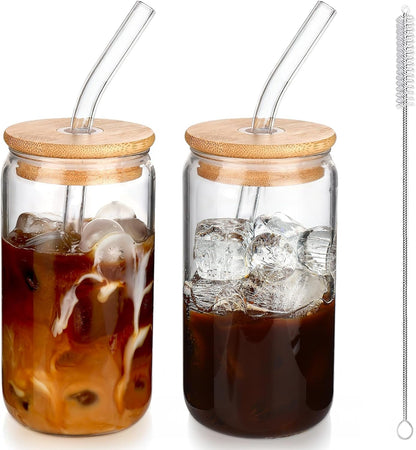 Iced Coffee Cups with Lids 2 Pcs,16 Oz Glass Cups with Lids and Straws as Coffee Bar Accessories,Beer Drinking Glasses,Reusable Glass Tumbler,Cute Coffee Cups for Coffee, Juice, Gifts1