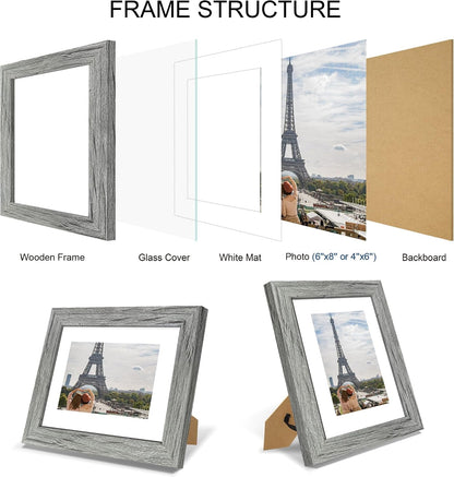 6X8 Picture Frame Set of 4, Made of Real Glass and Grey Frame - Display Picture 4X6 with Mat or 6X8 without Mat, 6 by 8 Photo for Wall or Tabletop3