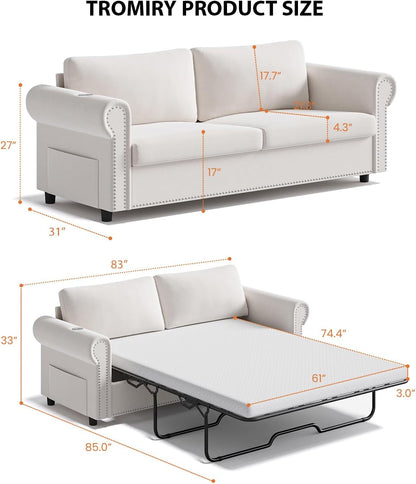 Queen Pull Out Sofa Bed | 83" Large Sleeper Sofa with Queen Size Mattress | 2-In-1 Convertible Loveseat Sofa-Bed with USB Ports Side Pockets Ivory White3