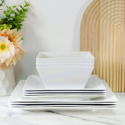 12-Piece Melamine Dinnerware Sets, Square, Service for 4, White9
