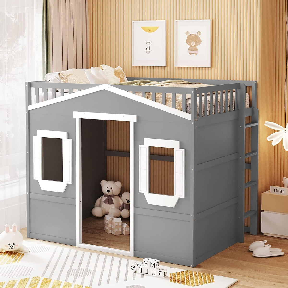 full-size-wood-loft-bed-house-bed-frame-with-ladder-and-safety-guardrails-for-kids-no-box-spring-needed-gray-white