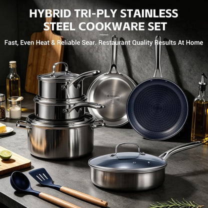 Hybrid Stainless Steel Cookware Set, 17-Piece Tri-Ply Pots and Pans Set Non Stick, Induction Kitchen Cookware Sets, Dishwasher & Oven Safe, PFOA Free, All Cooktops Compatible, Navy Blue9