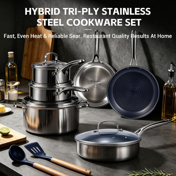 Hybrid Stainless Steel Cookware Set, 17-Piece Tri-Ply Pots and Pans Set Non Stick, Induction Kitchen Cookware Sets, Dishwasher & Oven Safe, PFOA Free, All Cooktops Compatible, Navy Blue9