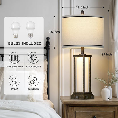 27Inch Tall Bedside Table Lamps with Charging Ports for Living Room,Traditional Lamp with Night Light for Bedroom Nightstand,Single Bronze2