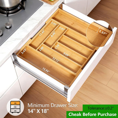 Bamboo Expandable Silverware Drawer Organizer, Adjustable Kitchen Utensil Tray for Forks, Spoons and Knives, Wood Storage Cutlery Holder for Bedroom and Living Room2