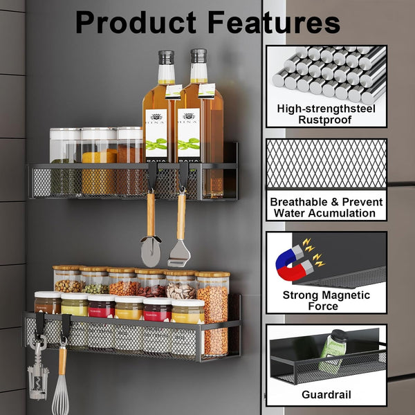 Magnetic Spice Rack for Refrigerator, 6 Pack Magnetic Shelf, Fridge Magnet Organizer with Moveable 12 Hooks, Magnetic Fridge Shelf for Kitchen Organization and Storage (6 Pack)3